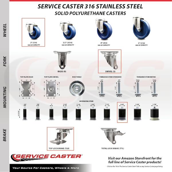 Service Caster 3 Inch 316SS Solid Polyurethane Swivel 1-5/8 Inch Expanding Stem Caster Brake SCC-SS316EX20S314-SPUS-TLB-158 - main